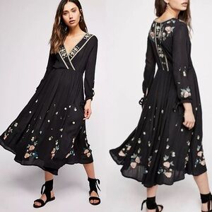 Free People Black Midi Dress with Floral Embroidery